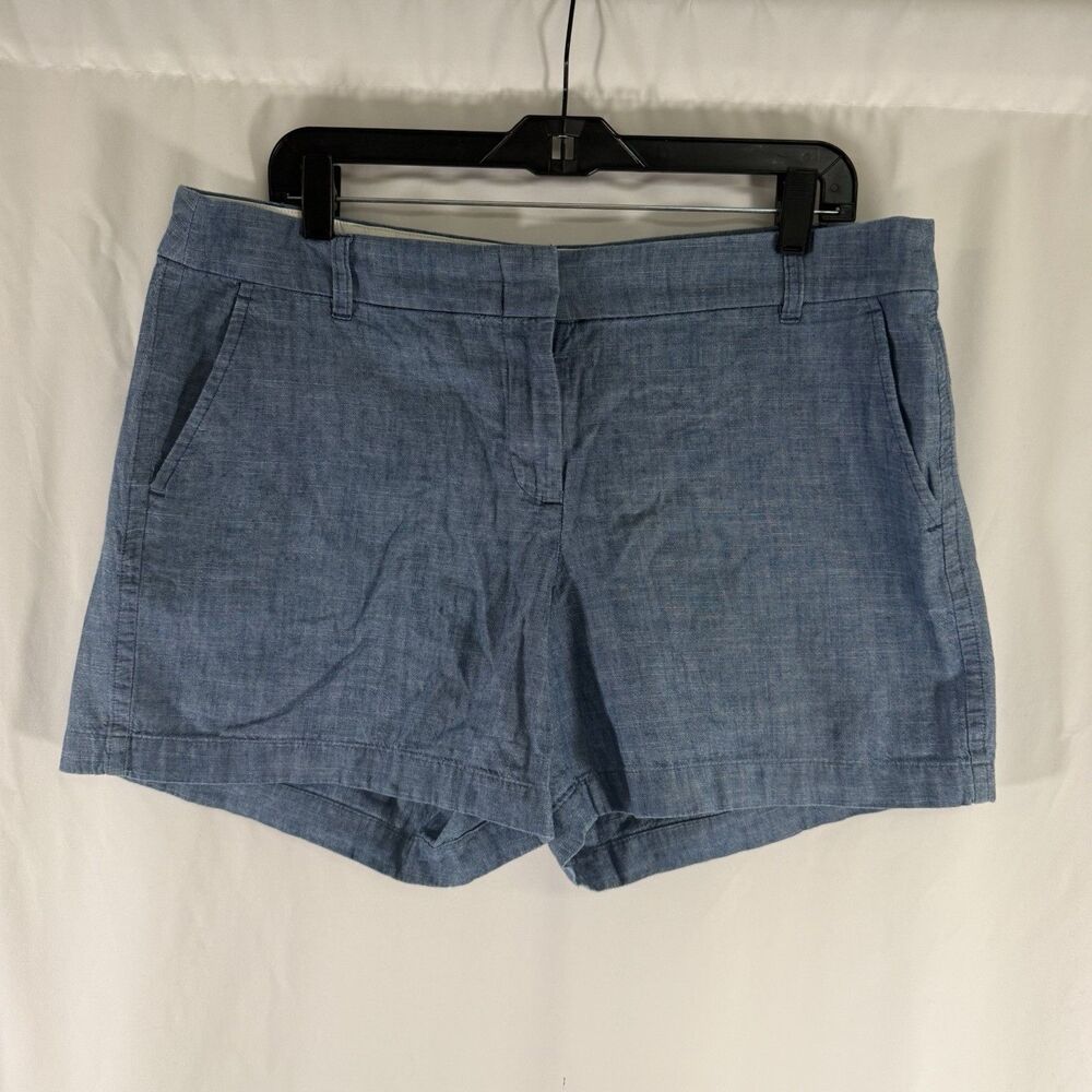 J Crew Chambray Shorts Women's 14 Blue Flat Front Slash Pockets Hook Eye